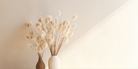 Minimal floral decor indoors with dried white flowers on beige wall, showcasing a cozy home atmosphere.
