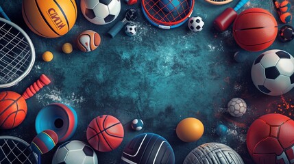 Sports equipment background. Sport concept with balls and gaming items. Balls for football, basketball, volleyball, rugby, soccer, tennis, golf. Athletic icons. Fitness equipment in round composition - obrazy, fototapety, plakaty