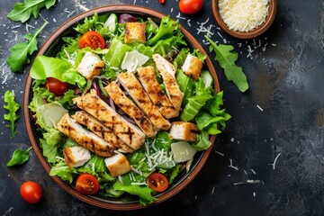 Grilled chicken Caesar salad with Parmesan viewed from the top