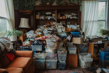 A pile of hoarder stuff in a hoarder house