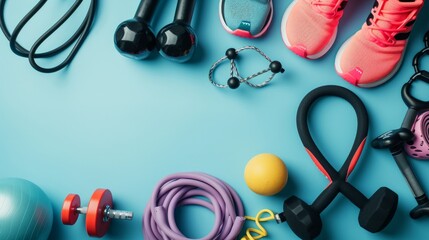 still life of group sports equipment for women and cardiogram of jump rope, on blue background. Fitness and healthy living, wellness concept - obrazy, fototapety, plakaty
