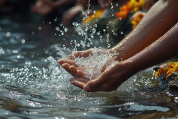 A picture showing a person holding their hands out in the water. Can be used to depict relaxation, mindfulness, or the beauty of nature