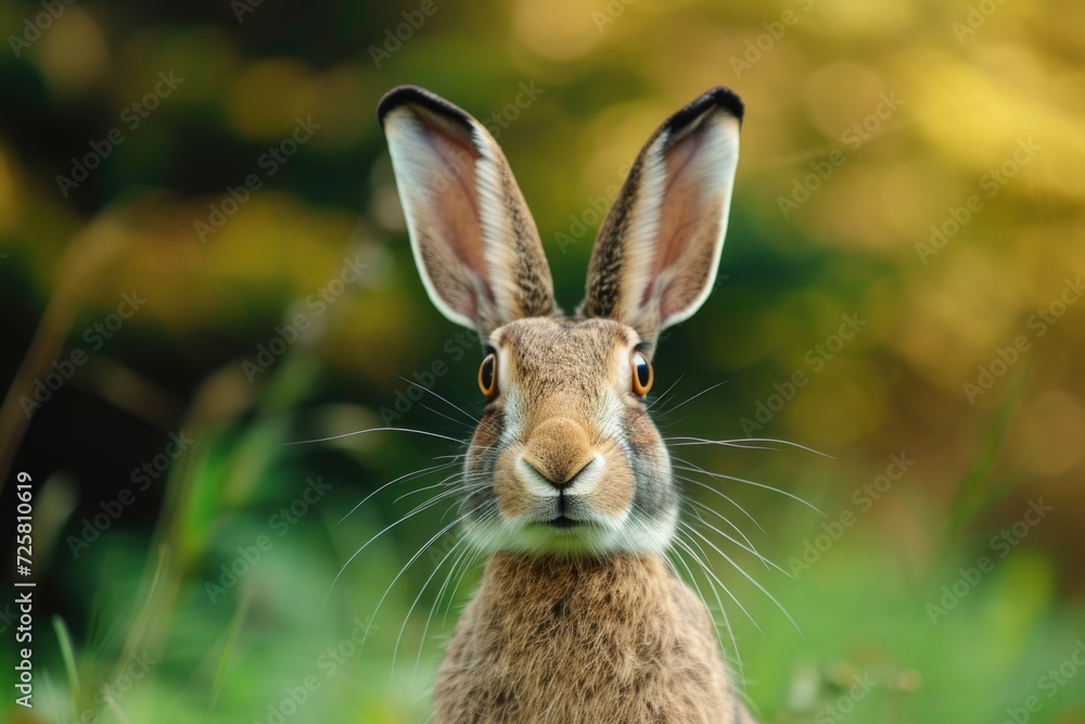 Poster A detailed view of a rabbit in the grass. Suitable for various nature-themed projects