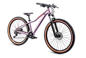 Bicycle isolated on white background, modern mountain trail bike in pink rose color - obrazy, fototapety, plakaty