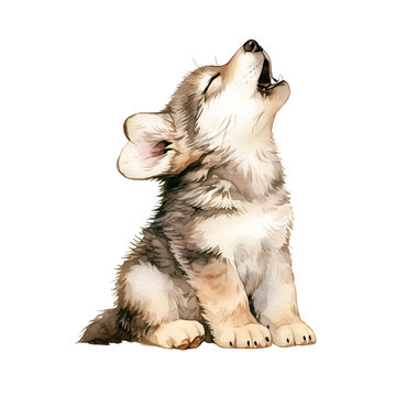 Husky puppy howling isolated on transparent background. Watercolor illustration. Element for design, print, sticker. Cute funny pet concept