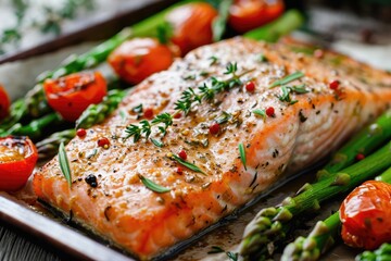 Herbed salmon with asparagus and tomato garnish