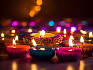 Colorful Diwali Diya lights on a table with various lit candles