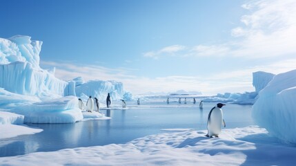 Emperor penguins on sea ice against the background of icebergs and blue sky in Antarctica.