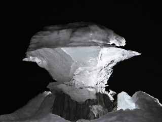 Hokkaido, Japan - January 28, 2024: Mushroom shape ice or kinoko ice at Lake Nukabira in Hokkaido,...