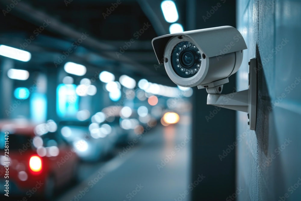 Poster a security camera mounted on the side of a building. can be used for surveillance and monitoring pur