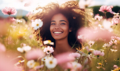 Smiling young woman on the spring meadow enjoy blooming flowers. Healthy happy woman on spring lawn. Outdoors. Enjoy Nature. Allergy free concept.
