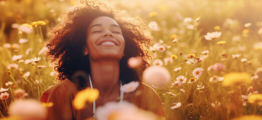 Smiling young woman on the spring meadow enjoy blooming flowers. Healthy happy woman on spring lawn. Outdoors. Enjoy Nature. Allergy free concept.