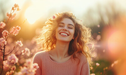 Healthy happy woman on spring outdoors. Smiling young woman on the spring garden enjoy blooming flowers of tree. Enjoy Nature. No allergy. - obrazy, fototapety, plakaty