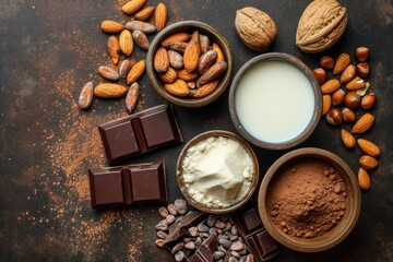 Ingredients for chocolate production cocoa beans milk nuts sugar cocoa powder