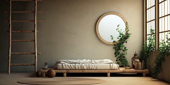 Japanese-style flat interior with moon painting above tatami mat bed, ivy on wooden rack, ladder by window. Actual photo.