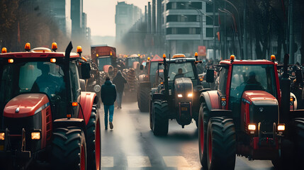 a blockade and demonstration of peasants or farmers who are protesting with their tractors on a street in city, - obrazy, fototapety, plakaty
