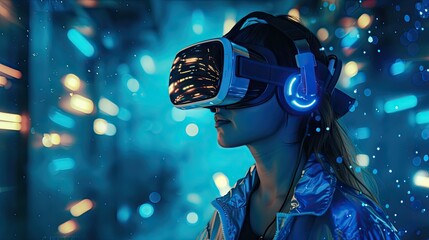 A woman on a dark virtual reality background, using a VR helmet, with a blue neon light, portraying the concept of augmented reality, future technology, and gaming innovation