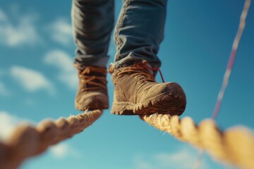 A person walking on a rope with shoes. Can be used to depict balance, risk-taking, or overcoming challenges