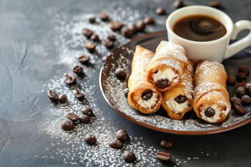 Italian dessert cannoli on a plate with coffee on dark grey background close up