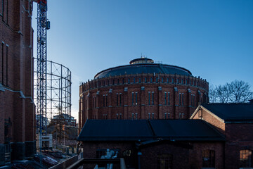 Stockholm, Sweden Old gas towers called Gasklockan in the Norra Djurgarden district.