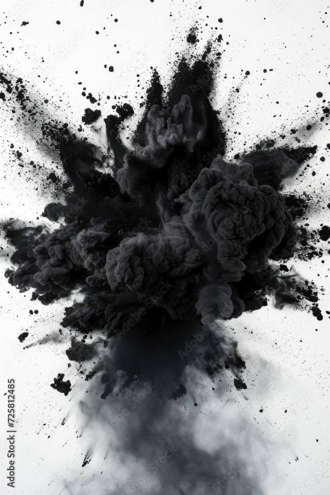 Poster a powerful black explosion of smoke captured on a clean white background. this image can be used to 
