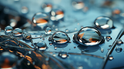 Water droplets on a flat surface, reflecting light and creating a visually striking pattern