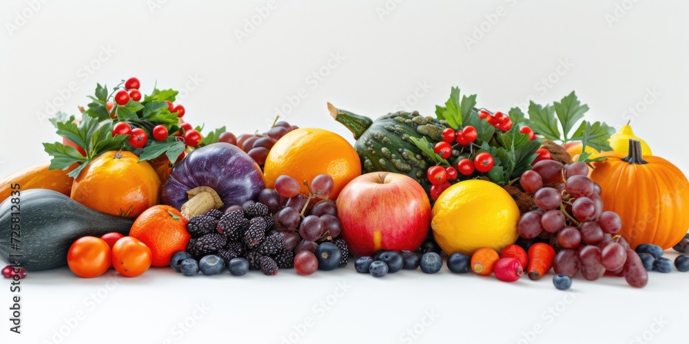 Poster a collection of various fruits and vegetables displayed on a white surface. suitable for healthy eat