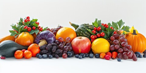 A collection of various fruits and vegetables displayed on a white surface. Suitable for healthy eating, nutrition, and cooking concepts
