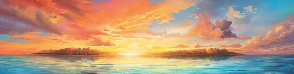 sunset over the ocean with mountains and trees