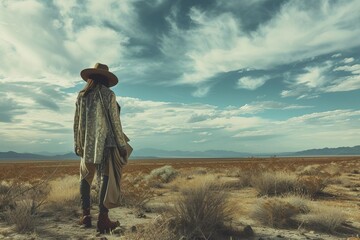 Desert wanderer model in an arid landscape Portraying resilience and the vastness of untamed nature - obrazy, fototapety, plakaty