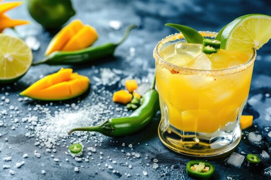 Spicy margarita with tequila mango juice jalapeno lime salt blue background copy space