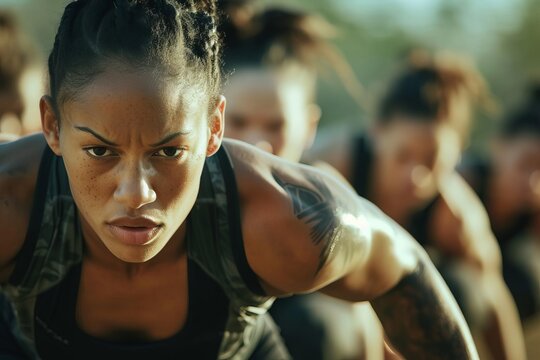 Fitness model leading an intense boot camp workout Demonstrating strength Discipline And group motivation