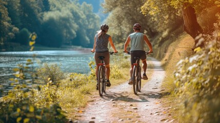 Couple riding bikes, nature 