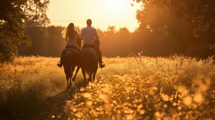 Couple riding horses, nature 