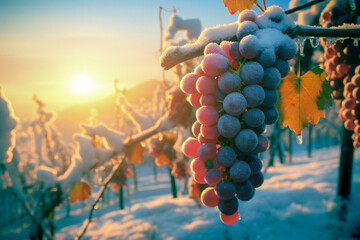 Frozen grapes on a vineyard