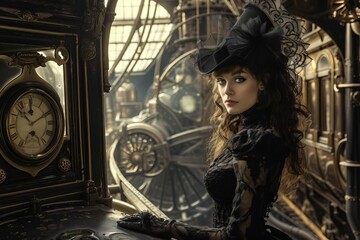 Steampunk model in a victorian-inspired setting Blending historical elements with imaginative futurism
