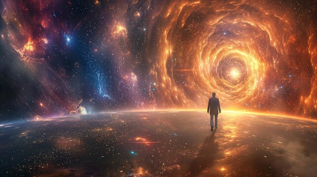 A lone figure stands before a mesmerizing spiral galaxy, his silhouette dwarfed by the cosmic marvel that stretches into the infinite. No grandiose structures or worldly confines, just the vast dance 