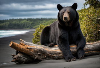 Un ours brun sur un tronc d'arbre sur une plage de sable noire - generative AI - obrazy, fototapety, plakaty