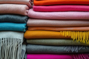 Studio shot of women s cashmere stoles shawls and scarves in various colors neatly organized for gifting
