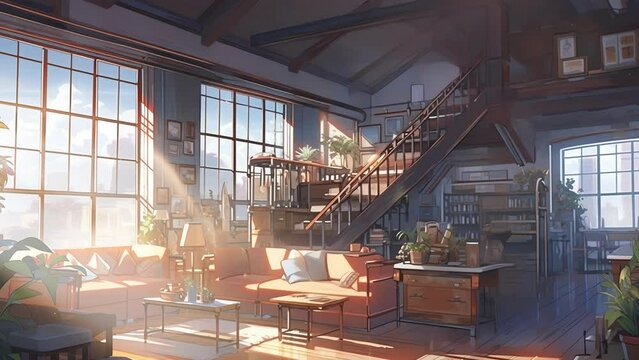 Vtuber Twitch Streamer Animated Background of an Anime Style Loft
