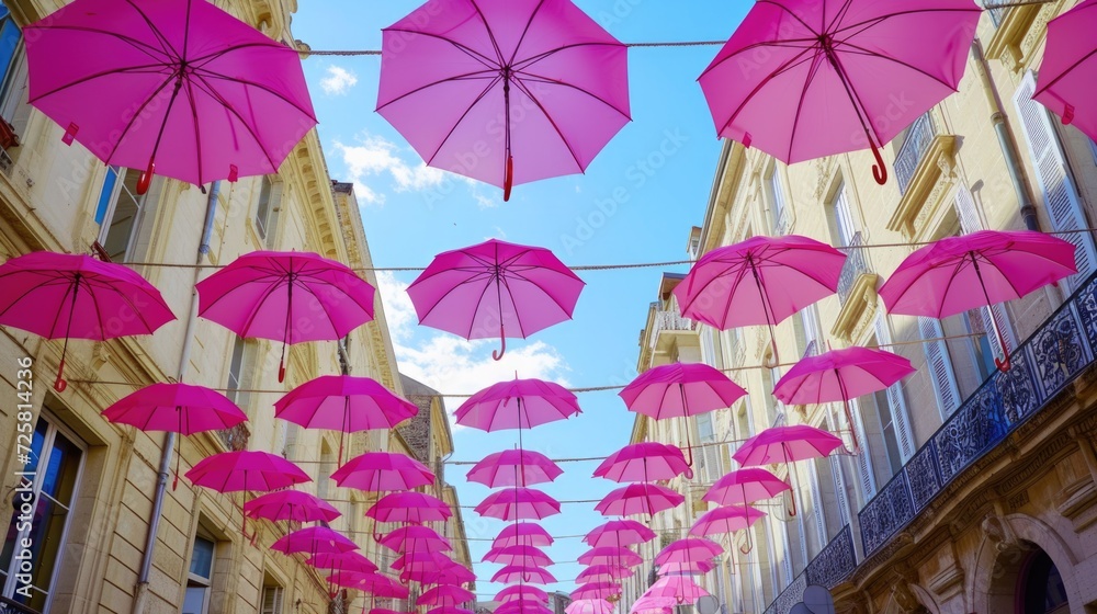 Poster Many pink umbrellas hanging from the ceiling of a building. Perfect for adding a pop of color and whimsy to any space