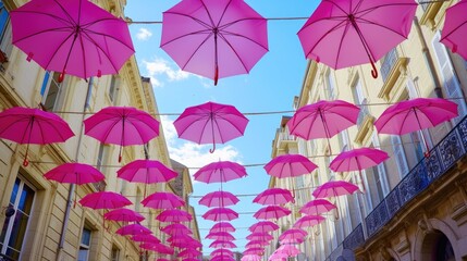 Fototapeta na wymiar Many pink umbrellas hanging from the ceiling of a building. Perfect for adding a pop of color and whimsy to any space