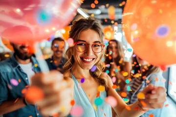 Joyful woman with glasses holding balloons at a party surrounded by friends and flying confetti.
