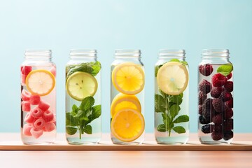 infused water with fruits and berries in glass jars on wooden table
