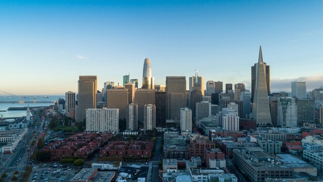 Aerial Views over Embarcadero at Sunset - San Francisco | 4K Ultra HD Image