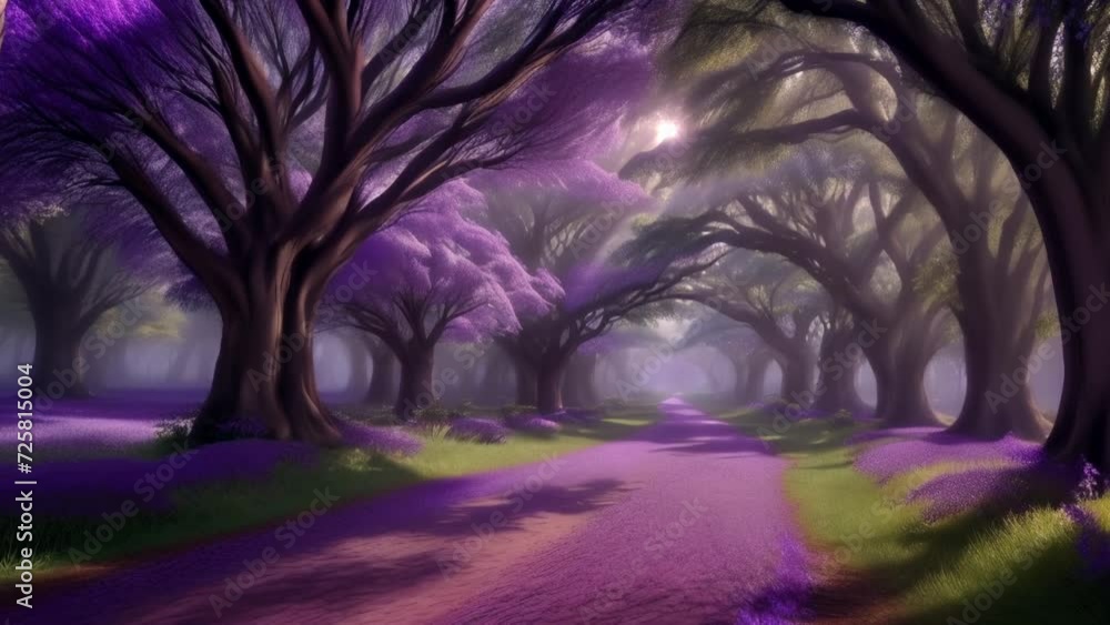 Poster First Person POV of Walking through a Forest of Purple Jacaranda Trees