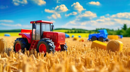 The combine is harvesting. Toy tractor in the field of cereals.  Illustration for cover, card, postcard, interior design, banner, poster, brochure or presentation.