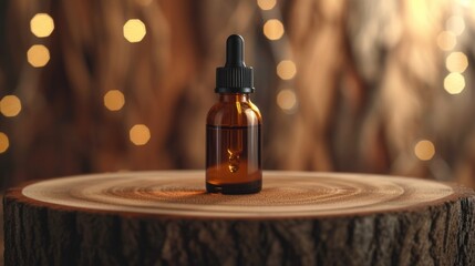 A bottle of essential oil sitting on top of a tree stump. Can be used for aromatherapy or natural skincare concepts