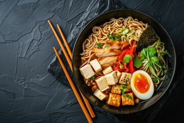 Top view of a black bowl with ramen including chicken tofu vegetables and egg on a slate background - obrazy, fototapety, plakaty