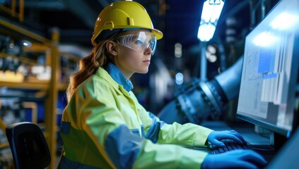 Engineer woman working on computer at factory. Industrial and industrial workers concept.